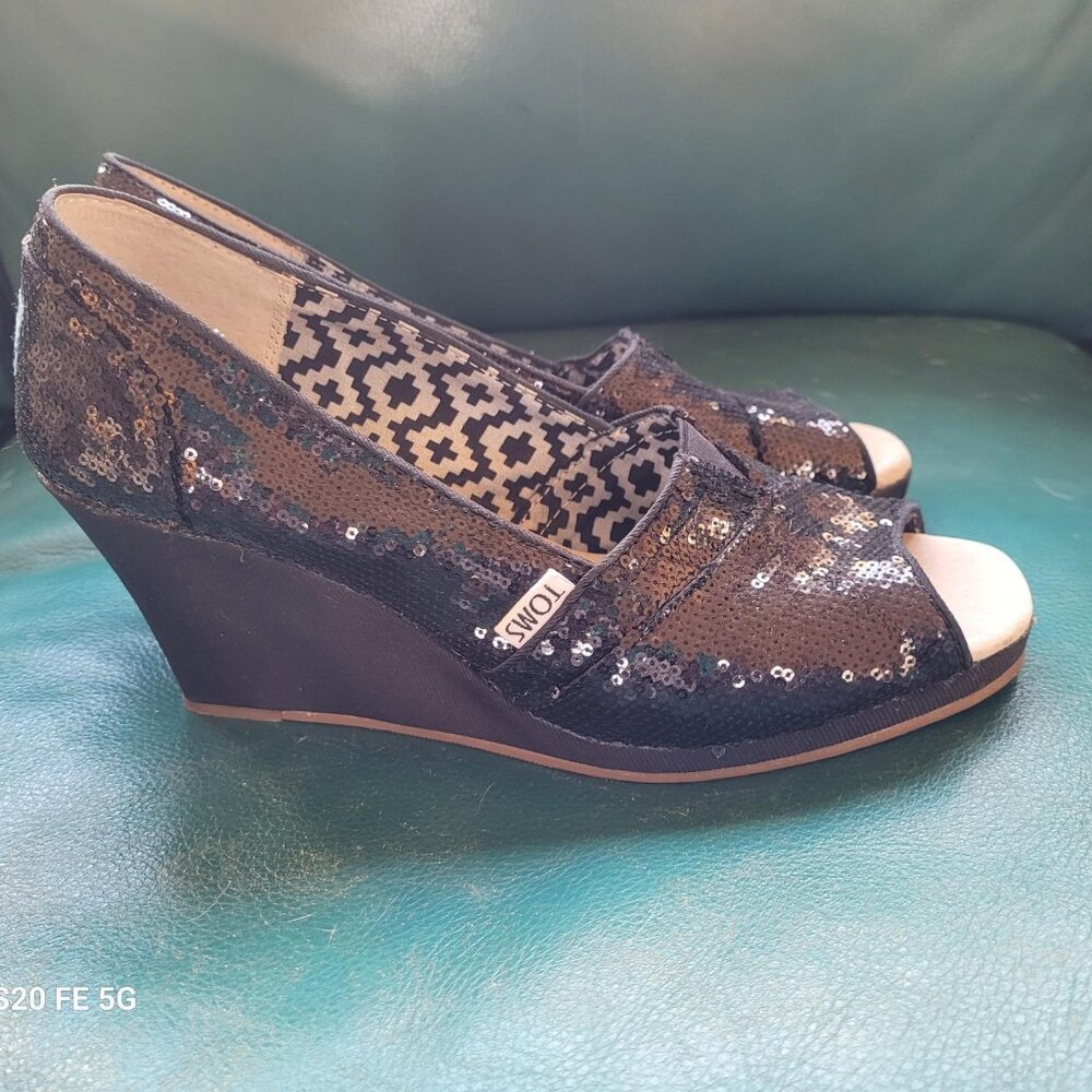 Toms Sequin Open Toe Platform Wedges - image 1